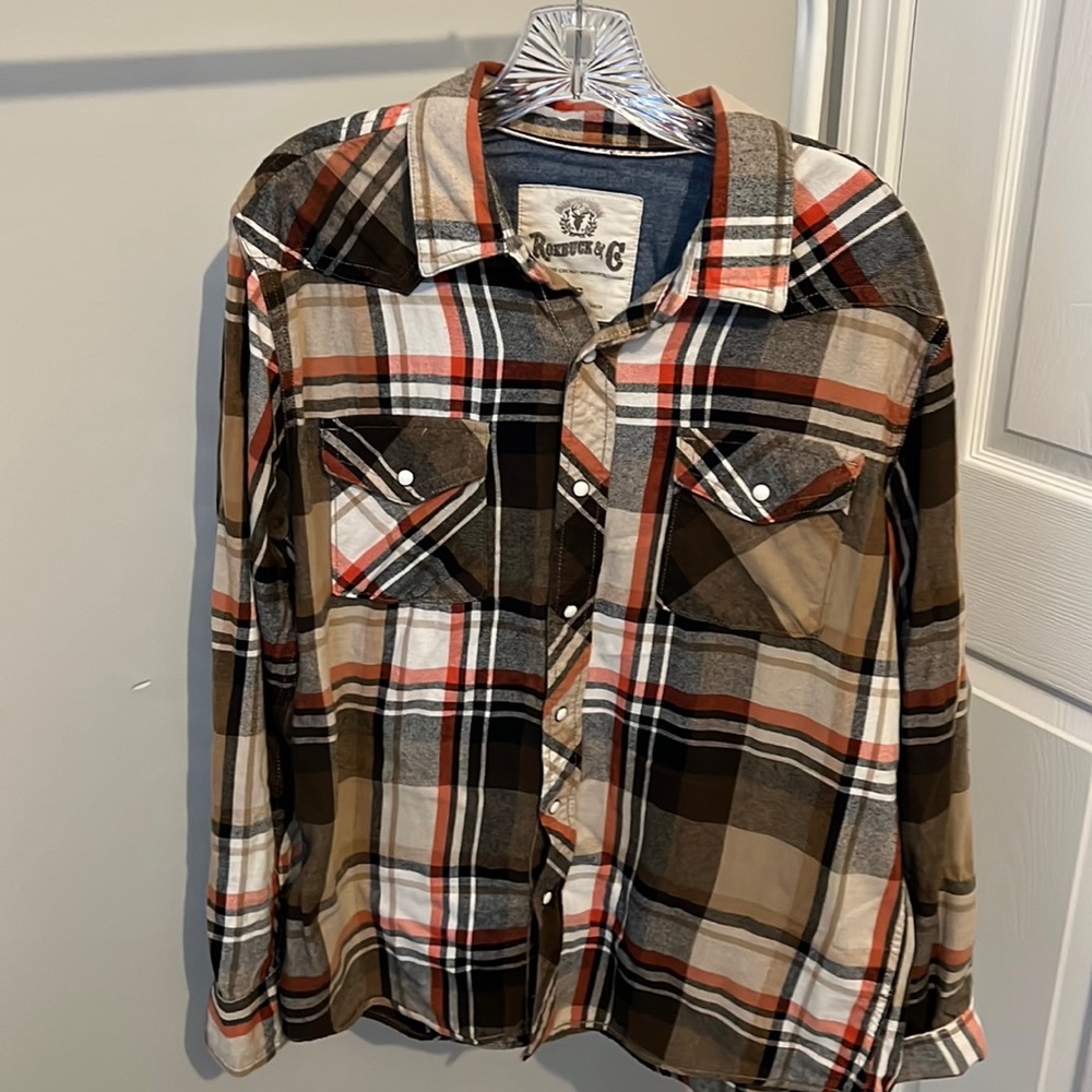 Roebuck & Co Mens L Long Sleeve Snap button Flannel shirt #12